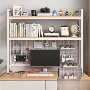 Desk with Grid Bookshelf Wire-Wrap Board Storage Rack Desktop Multi-Layer Iron Shelf Student Computer Desk