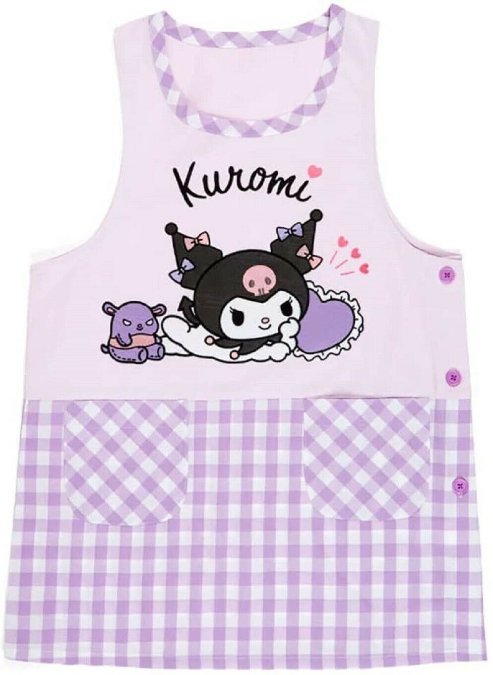 Sanrio Japan Kuromi Women Apron Tunic Type 2 Pockets for Cooking Kitchen Craft Gardening Purple Check Gift